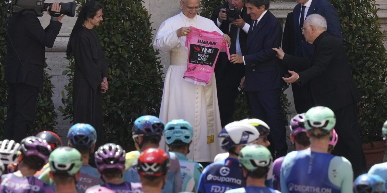 Pope Leo XIV blesses cyclists competing in the Giro d’Italia as final stage enters Vatican gardens
